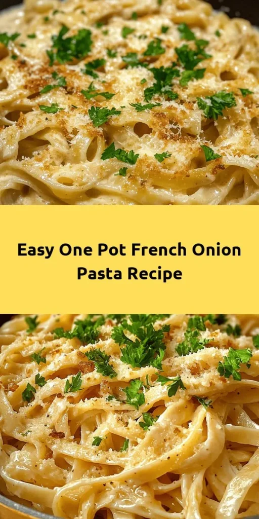 Indulge in the creamy, savory goodness of One Pot French Onion Pasta! This simple and delicious recipe features caramelized onions, garlic, and rich Gruyère cheese all cooked together in just one pot. Perfect for a cozy dinner, it combines the delightful flavors of French onion soup with your favorite pasta. Ready in just 40 minutes, serve it topped with fresh parsley for a burst of color. Your family will love this comforting dish!