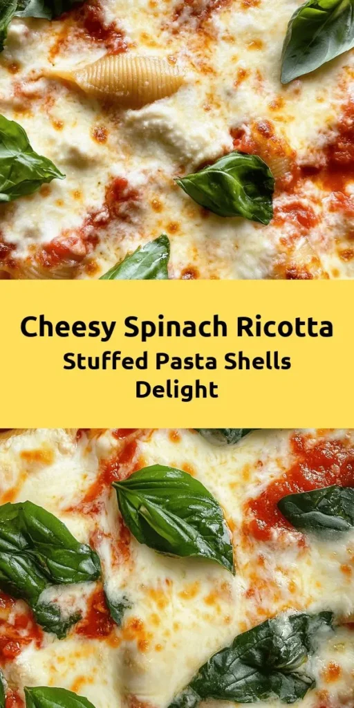 Indulge in these Spinach & Ricotta Blissful Shells, a deliciously cheesy and nutritious dish perfect for any dinner! Jumbo pasta shells are generously stuffed with a flavorful mix of fresh spinach, ricotta, and herbs, then smothered in marinara sauce and topped with gooey mozzarella. Baked until bubbly and golden, this recipe serves four and is ideal for a cozy family meal. Garnish with fresh basil for an extra touch of flavor!