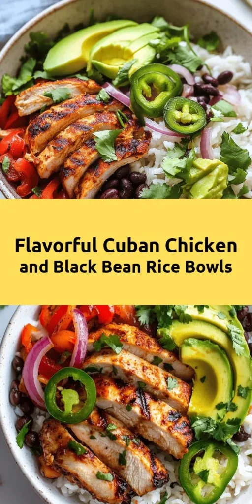 Discover the vibrant flavors of Cuban cuisine with these delicious Chicken & Black Bean Rice Bowls! Perfect for a quick weeknight dinner, this recipe features marinated chicken thighs, sautéed bell peppers, and hearty black beans all served over a bed of fluffy rice. Top with fresh avocado and cilantro for a burst of freshness. Easy to make and packed with flavor, these bowls are sure to please everyone at the table. Give it a try tonight!