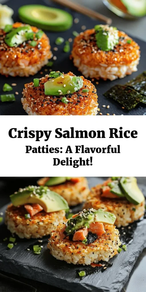 Dive into the delightful world of Salmon Crispy Rice Delight! This easy recipe combines savory sushi rice patties, perfectly crispy on the outside, with fresh, flavorful salmon. Topped with creamy avocado and a sprinkle of nori, these delightful bites are perfect for a snack or appetizer. Ready in just 1 hour and serving 4, this dish is sure to impress your guests. Enjoy with wasabi and pickled ginger for an authentic touch!