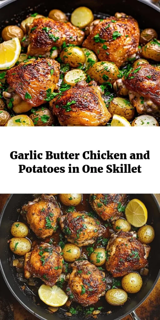 Delight in this easy and flavorful Garlic Butter Chicken and Potatoes Skillet! This one-pan meal features tender chicken thighs and golden baby potatoes coated in a rich garlic butter sauce, seasoned with smoked paprika and Italian herbs. Perfect for busy weeknights, it takes just 30 minutes to prepare! Garnish with fresh parsley and serve with lemon wedges for a bright finish. Discover a comforting dish that's sure to please the whole family.
