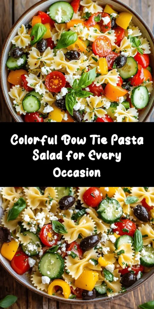 Looking for a refreshing and colorful dish? Try this Bow Tie Pasta Salad Delight! Perfect for picnics, potlucks, or a light lunch, this salad is packed with vibrant veggies like cherry tomatoes, cucumber, and bell pepper, paired with feta cheese and fresh basil. Tossed in a zesty olive oil and vinegar dressing, it's a breeze to make and sure to impress. Chill it for 30 minutes to let the flavors meld, and enjoy every bite!