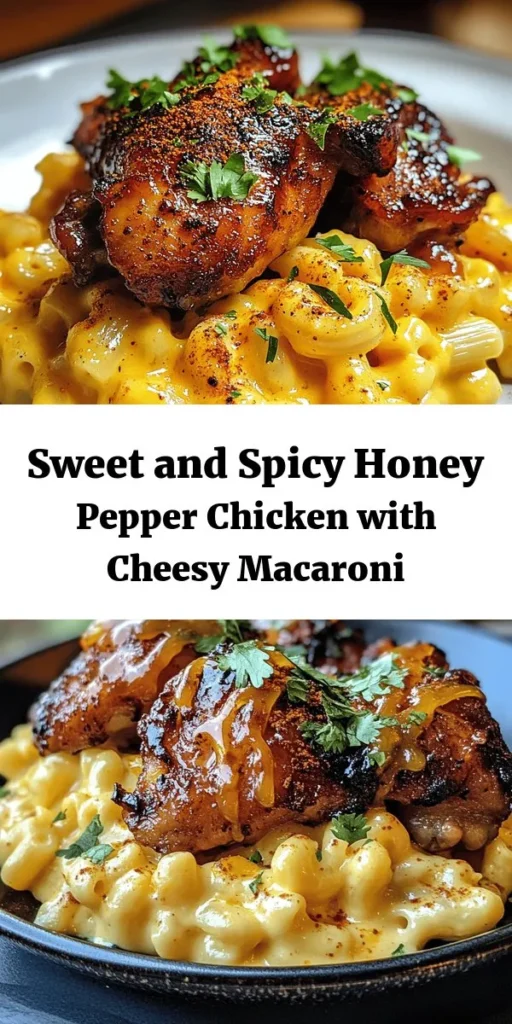 Indulge in the perfect combination of flavors with this Sweet and Spicy Honey Pepper Chicken served alongside rich and creamy Macaroni Cheese. Tender chicken thighs marinated in a honey-soy sauce blend bring that sweet and spicy kick, while the macaroni transforms into a cheesy delight with sharp cheddar and parmesan. Quick to prep and sure to impress, this dish makes for a delicious family dinner. Garnish with cilantro and enjoy!