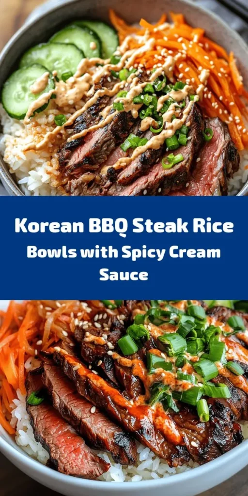 Dive into the flavors of Korea with these Sizzling Korean BBQ Steak Rice Bowls topped with a zesty spicy cream sauce! This delightful recipe combines marinated flank or ribeye steak grilled to perfection, served over a bed of fluffy rice and fresh veggies like crunchy cucumber and vibrant carrots. Finish it off with a dollop of creamy sauce and optional fried eggs for a touch of indulgence. Perfect for dinner or meal prep, these bowls are a delicious way to spice up your weeknight meals!
