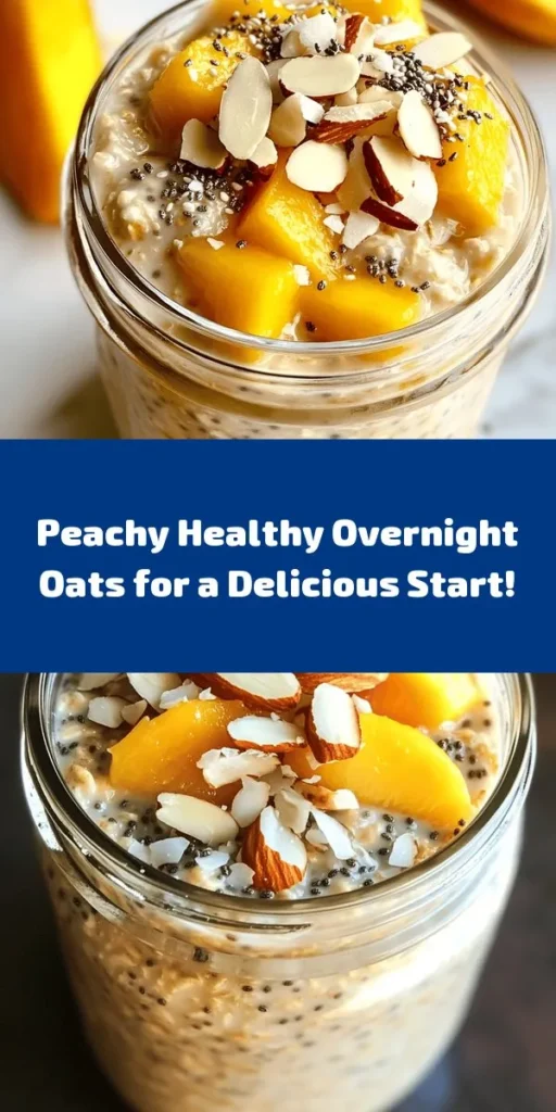 Start your day right with these irresistible healthy overnight oats featuring sweet peaches! This simple recipe combines rolled oats, almond milk, juicy diced peaches, and a hint of vanilla and cinnamon for a deliciously nutritious breakfast. Prep takes only 15 minutes, and they’re ready to enjoy after soaking overnight. Customize with your favorite toppings like sliced almonds or yogurt for extra flavor and texture. Perfect for a quick grab-and-go meal!