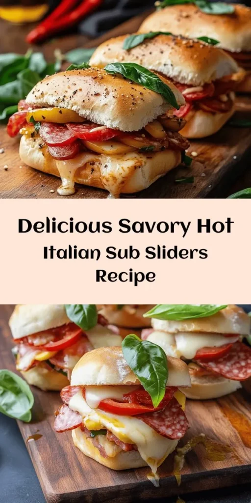 Indulge in these Savory Hot Italian Sub Sliders, perfect for your next gathering! With layers of deli meats, provolone cheese, and zesty peppers, all nestled in soft slider buns, they are packed with flavor. A homemade pesto mayonnaise and an herby olive oil glaze take these sliders to the next level. Easy to make in just 40 minutes, these sliders are sure to impress your guests. Serve them warm and watch them disappear!