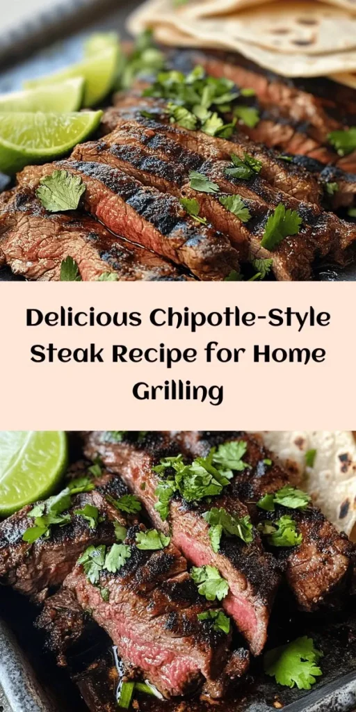 Elevate your dinner with this Sizzling Chipotle-Style Steak made right at home! This flavorful recipe combines flank or skirt steak with a zesty marinade featuring chipotle peppers, garlic, lime juice, and sweet honey. After marinating for maximum flavor, grill or pan-sear the steak to perfection. Serve with cilantro and lime wedges for a fresh finish. Perfect for tacos or a hearty meal, this dish will impress your family and friends! Ideal for any occasion!
