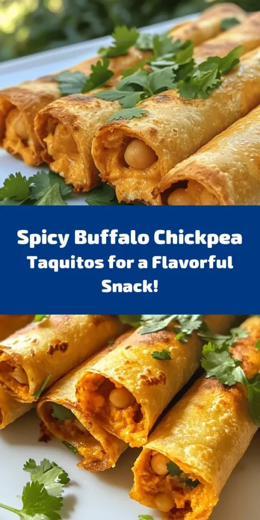 Spice up your snack time with these delicious Buffalo Chickpea Taquitos! Perfectly crispy and packed with flavor, these taquitos are made with chickpeas, creamy cheese, and a kick of buffalo sauce. Easy to make and ready in just 35 minutes, they're great for parties or as a tasty weeknight dinner. Bake until golden brown and serve with your favorite dipping sauce. Garnish with fresh cilantro or green onions for an extra touch!