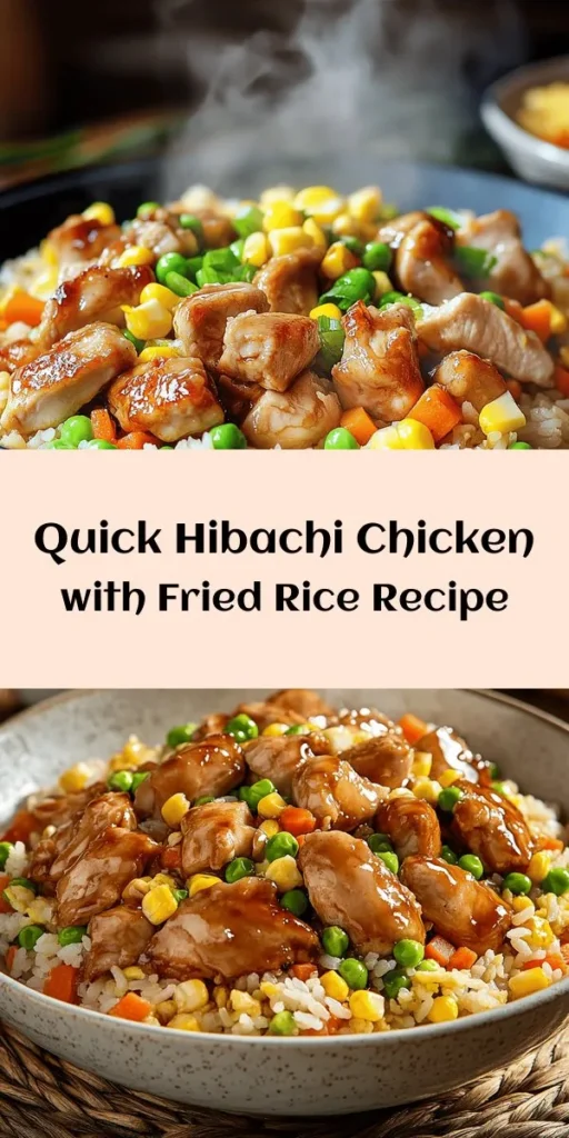 Satisfy your cravings with this delicious hibachi chicken with fried rice recipe! This quick and easy dish features juicy chicken thighs marinated in soy and teriyaki sauces, paired with scrambled eggs and colorful mixed vegetables. Using day-old jasmine rice ensures a perfect texture. Ready in just 30 minutes, it's ideal for a weeknight dinner or special occasion. Serve with optional hibachi-style dipping sauce for an extra kick! 🍚🔥