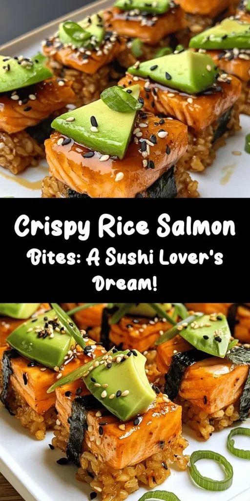 Indulge in this delicious Salmon Crispy Rice Delight, a perfect fusion of flavors and textures. Start with perfectly cooked sushi rice, seasoned to perfection, then top it with seared salmon, creamy avocado, and a drizzle of soy sauce. These crispy bites are not only irresistible but also easy to make and serve. Perfect for a light dinner or entertaining guests, this dish is a showstopper that brings sushi vibes right to your table!