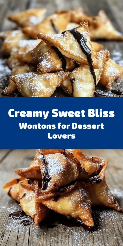 Indulge in these creamy sweet bliss wontons that are perfect for dessert lovers! This simple recipe combines cream cheese, powdered sugar, vanilla, and cinnamon wrapped in crispy wonton wrappers. Just mix the filling, fold, and fry for that golden perfection. Serve them warm with a dusting of powdered sugar or a drizzle of chocolate sauce. Ideal for parties or a cozy night in, these treats are sure to become a favorite! Enjoy every bite!
