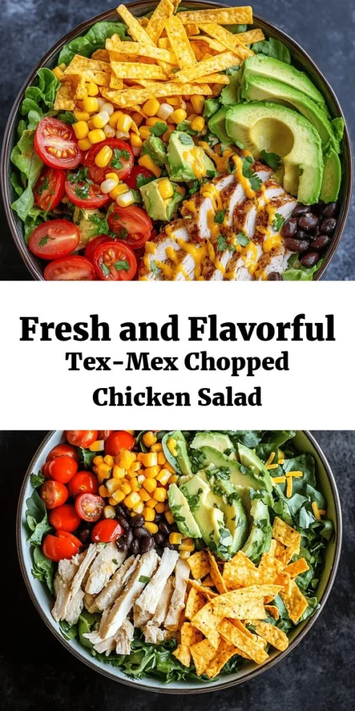 Looking for a fresh and flavorful meal? Try this Tex-Mex Chopped Chicken Salad! Packed with grilled or rotisserie chicken, crunchy veggies, and creamy avocado, this salad is a delightful mix of textures and tastes. Toss everything together with a zesty lime dressing and top with tortilla strips for the perfect crunch. Quick and easy to prepare, this recipe is perfect for a light lunch or dinner. Enjoy a taste of the Southwest on your plate!