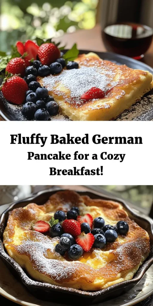 Indulge in the ultimate breakfast treat with this Fluffy Delight: Baked German Pancake! This easy recipe combines eggs, milk, flour, and a touch of vanilla for a light, airy pancake that puffs up beautifully in the oven. Ready in just 35 minutes, it’s perfect for family brunch. Top with powdered sugar and your favorite fresh fruits like blueberries or strawberries, and drizzle with maple syrup for an extra sweet touch. Enjoy a delightful start to your day!
