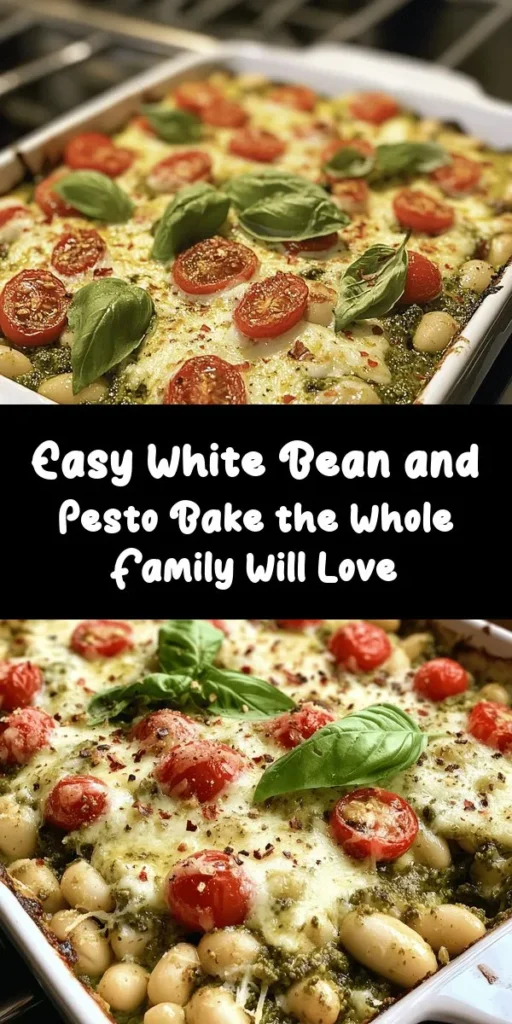Looking for a comforting and flavorful dish? Try this White Bean and Pesto Bake! It's packed with protein from white beans, vibrant cherry tomatoes, and topped with gooey mozzarella and Parmesan cheese. Perfect for a cozy dinner or a hearty side dish. With just 15 minutes of prep and a baking time of 25-30 minutes, it's easy to whip up. Garnish with fresh basil for an extra touch. Enjoy a delicious meal that's both simple and satisfying!