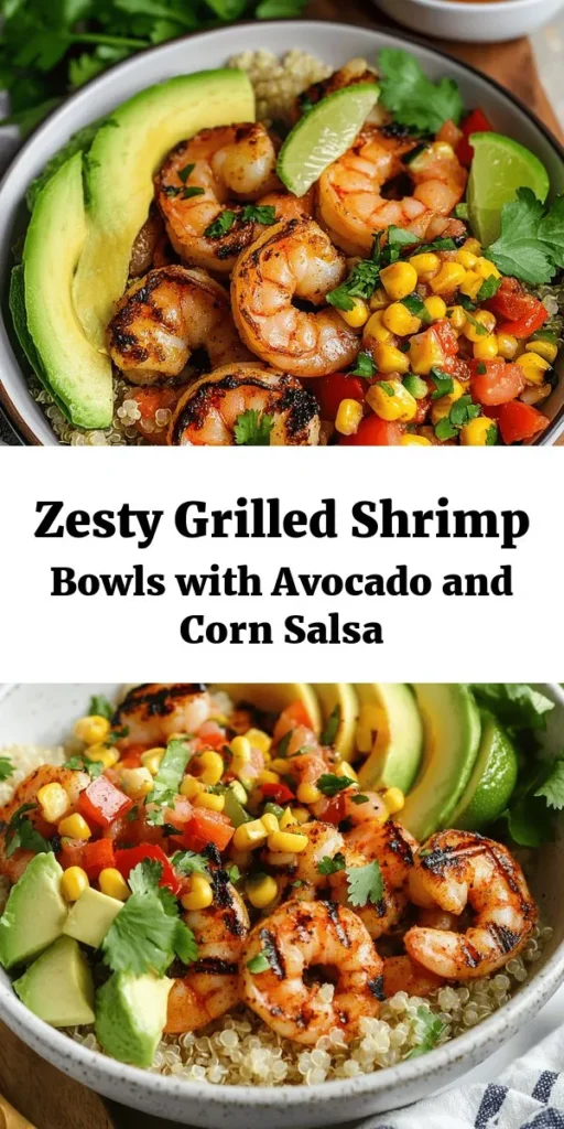 Elevate your mealtime with this delicious Grilled Shrimp Bowl featuring tender shrimp, zesty corn salsa, and creamy garlic sauce! Perfect for a quick weeknight dinner or meal prep, this dish combines fresh flavors with a healthy base of quinoa or rice. With juicy avocado slices and a sprinkle of cilantro, every bite is a burst of flavor. Ready in just under an hour, it’s a healthy and satisfying choice your whole family will love! Try it out today!