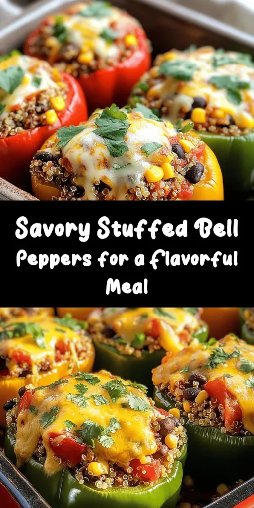 Discover the joy of cooking with these Savory Stuffed Bell Peppers! Perfect for any meal, this recipe features colorful bell peppers filled with a delicious mix of quinoa, black beans, corn, and tomatoes, seasoned with cumin and smoked paprika. Topped with melted cheese, they’re not only easy to make but also packed with flavor and nutrients. Bake to perfection and garnish with fresh herbs for an extra touch! Ideal for a wholesome family dinner or meal prep!