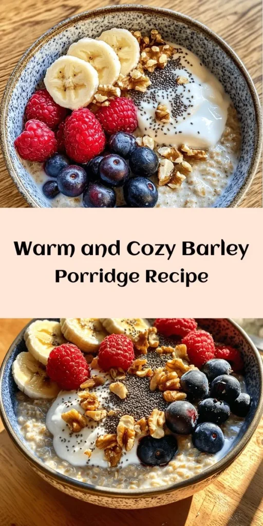 Warm up your mornings with this cozy barley porridge! Made with pearl barley, almond milk, and a hint of cinnamon, it’s a nutritious and delicious choice. Topped with fresh fruits and crunchy nuts, this comforting bowl can be customized to your taste with maple syrup or honey for sweetness. Perfect for a nourishing breakfast or a delightful snack, this recipe is easy to follow and perfect for meal prep. Enjoy a heartwarming start to your day!
