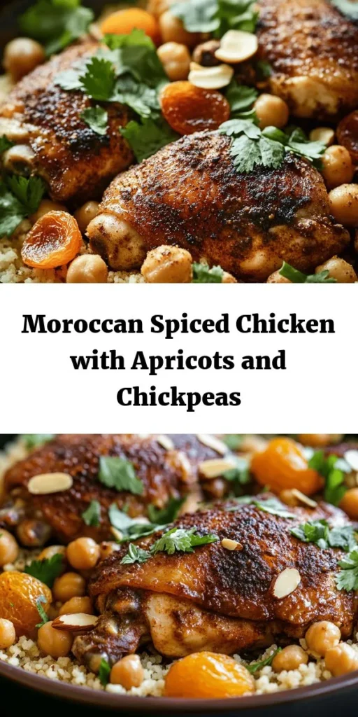 Experience the vibrant flavors of Morocco with this delicious spiced chicken recipe! Tender, marinated chicken thighs are seared and simmered with aromatic spices, sweet dried apricots, and protein-packed chickpeas, creating a dish that's both comforting and exotic. Perfect for serving over fluffy couscous or rice, this meal is a feast for the senses. Garnish with fresh herbs and toasted almonds for an extra touch. Easy to follow and full of flavor, it’s sure to impress!
