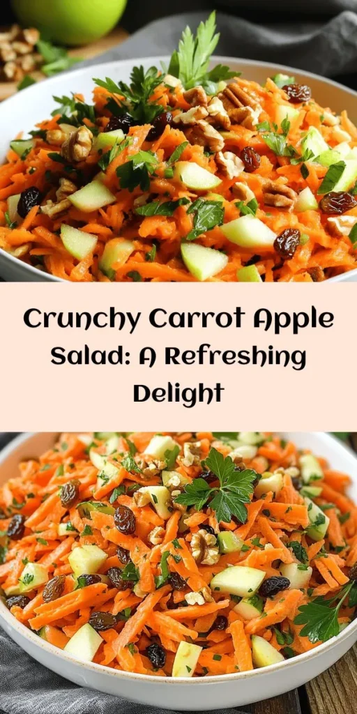 Discover the perfect blend of crunch and sweetness with this Crunchy Carrot Apple Delight! This refreshing salad features grated carrots, diced apples, and a mix of raisins or dried cranberries, topped with chopped walnuts for an extra crunch. Drizzled with a zesty lemon dressing and sweetened with honey or maple syrup, it's a delightful side dish or a healthy snack. Ready in just 25 minutes, this vibrant salad is sure to impress at your next gathering!