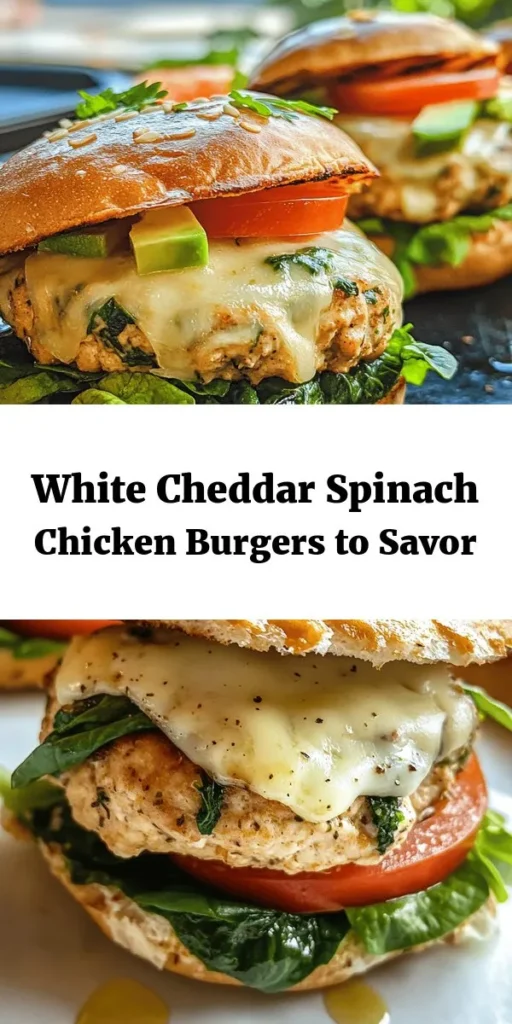 Try these delicious White Cheddar & Spinach Chicken Burgers for a healthy yet satisfying meal! Made with ground chicken, fresh spinach, and gooey white cheddar, these flavorful patties are easy to whip up in just 30 minutes. Perfectly cooked and topped with fresh lettuce, tomato, and avocado, they’re a great twist on your classic burger. Serve them up on whole wheat buns for a nutritious treat everyone will love! Enjoy with fries or a salad on the side!