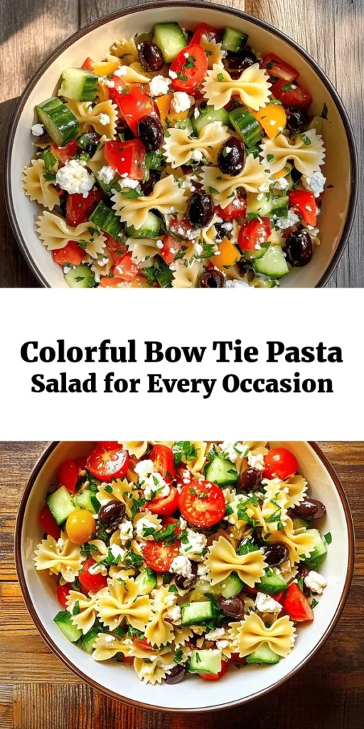 Brighten up your meal with this delightful Bow Tie Bliss Pasta Salad! Packed with color and flavor, it features bow tie pasta, cherry tomatoes, cucumbers, red bell pepper, black olives, and creamy feta. Toss everything in a zesty garlic dressing and let it chill to enhance the flavors. Perfect for potlucks, picnics, or just a fresh side dish. Whip it up in just 45 minutes and bring a burst of joy to your table! Enjoy and savor every bite!