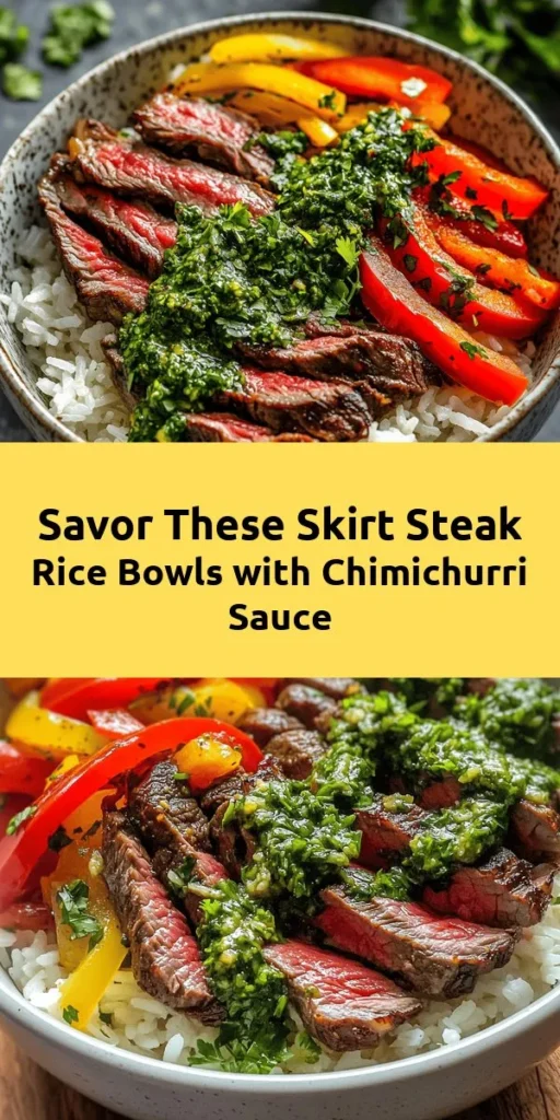 Savor the rich flavors of Skirt Steak Rice Bowls with Chimichurri Sauce! This delicious recipe features tender skirt steak, perfectly sautéed red bell peppers and onions, and a vibrant chimichurri sauce made with fresh herbs and spices. Served over a bed of rice, it's a complete meal that's quick to prepare, taking less than 35 minutes. Perfect for weeknights or entertaining, this dish will impress your family and friends. Enjoy!