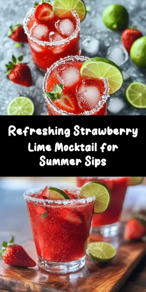 Beat the heat with this refreshing Strawberry Lime Mocktail Margarita! Perfect for any occasion, this vibrant drink combines fresh strawberries and zesty lime for a delightful twist. Sweetened with honey or agave, it’s customizable to your taste. Top it off with sparkling water for that fizzy touch. Whether it's a summer party or a cozy night in, this mocktail is sure to please! Garnish with lime and strawberries for a pop of color. Cheers!
