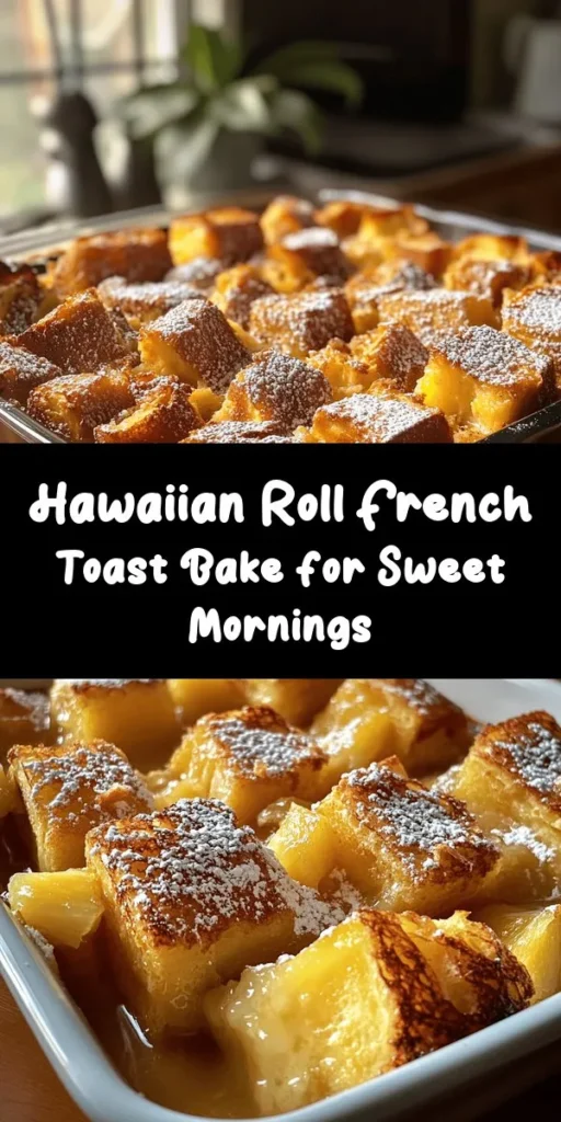Indulge in a delightful breakfast with this Sweet Hawaiian Roll French Toast Bake! Perfect for gatherings or a cozy weekend treat, this dish combines fluffy Hawaiian rolls with a rich custard, infused with vanilla and warm spices. Optional crushed pineapple and coconut add a tropical twist. Just prep, soak, and bake for a delicious, golden breakfast casserole that pairs perfectly with powdered sugar and maple syrup. Enjoy a taste of paradise!