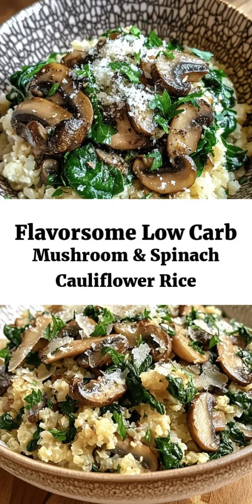 Discover a delicious and healthy low-carb meal with this Mushroom & Spinach Cauliflower Rice recipe! Made with fresh ingredients, including cauliflower, spinach, and mushrooms, this dish is quick to prepare and bursting with flavor. Sauté garlic and onions before mixing in the cauliflower rice for a satisfying texture. Optionally, sprinkle with Parmesan for an extra savory touch. Perfect for a nutritious side or main dish that serves four!