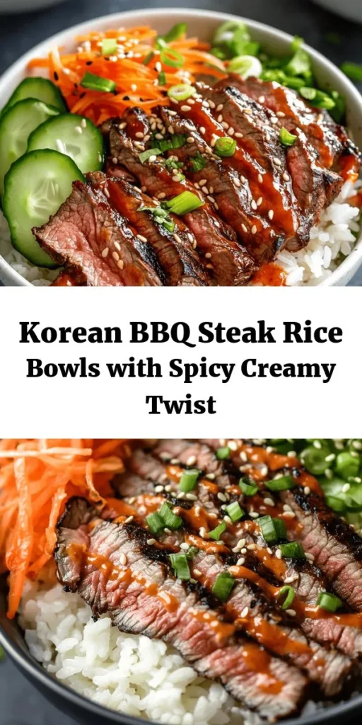 Savor the flavors of Korea with these delicious BBQ Steak Rice Bowls topped with a spicy cream sauce! Marinated flank steak is grilled to perfection and served over a bed of fragrant jasmine rice, accompanied by crunchy cucumbers, vibrant carrots, and tangy kimchi. Drizzle with a creamy, spicy sauce for an extra kick! Perfect for a weeknight dinner or meal prep. Enjoy a taste of Korea right at home!