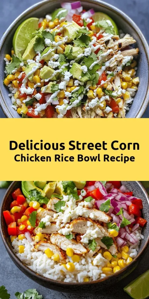 Elevate your dinner game with this vibrant Street Corn Chicken Rice Bowl! Packed with fluffy rice, juicy shredded chicken, and sautéed corn, it's layered with fresh veggies like red bell pepper and avocado, topped off with crumbled feta and a zesty lime mayonnaise sauce. Perfect for meal prep or a quick family dinner, this delicious bowl brings together bold flavors and easy prep. Serve with lime wedges for an extra kick! Enjoy this tasty and satisfying dish tonight!