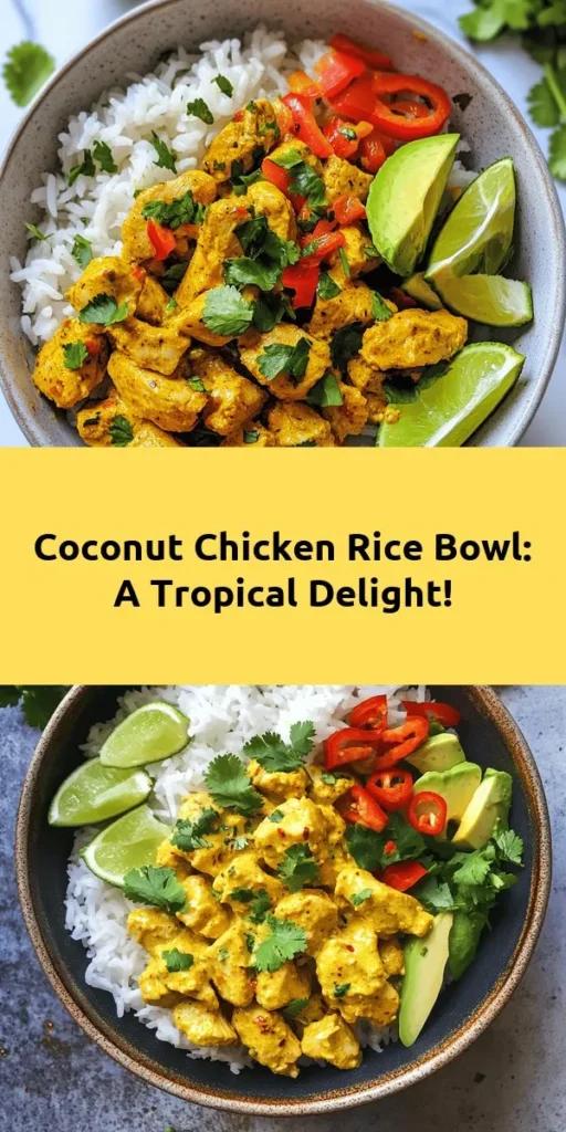 Indulge in this delicious Coconut Chicken Rice Bowl that's perfect for any day! With jasmine rice cooked in creamy coconut milk and chicken broth, tender diced chicken sautéed with garlic, ginger, and spices, this dish is packed with flavor. Top it with fresh cilantro, lime wedges, and optional toppings like avocado or bell pepper for a personalized touch. Easy to make and visually stunning, it's a tropical escape in a bowl that will impress everyone!