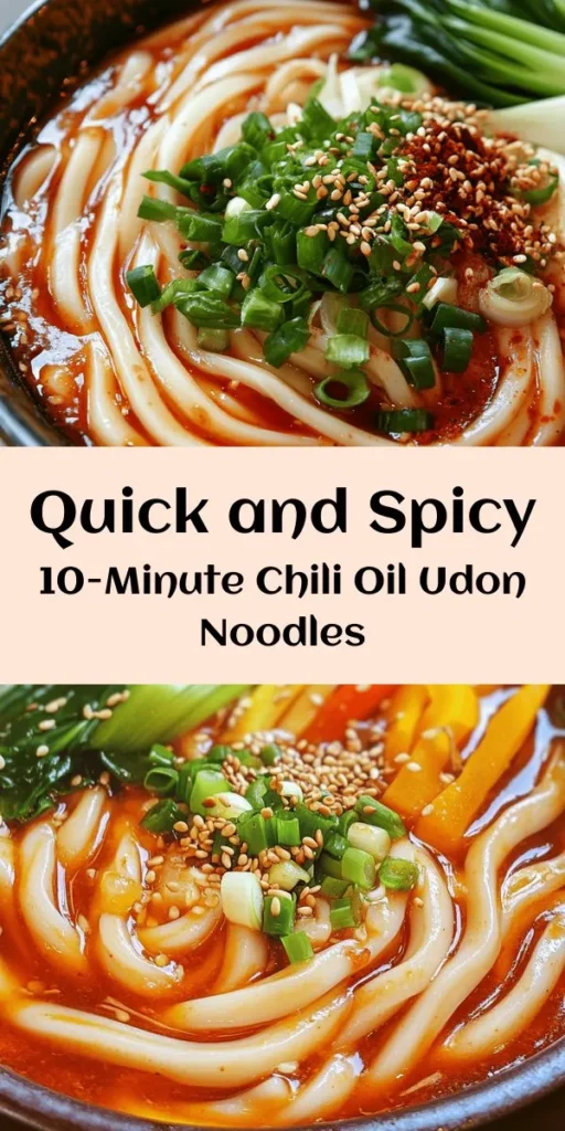Savor the deliciousness of these 10-Minute Chili Oil Udon Noodles! Perfect for a quick meal, this easy recipe features tender udon noodles coated in a spicy garlic sauce made with chili oil, soy sauce, and sesame oil. Feel free to add your favorite mixed vegetables for extra flavor and nutrition. Garnish with fresh green onions and sesame seeds for a vibrant finish. This dish is a must-try for spicy food lovers! Enjoy your culinary adventure!