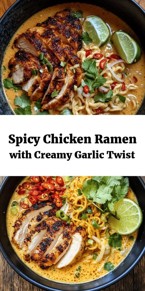 Spice up your dinner with this Fiery Chicken Ramen featuring a creamy garlic sauce! This easy recipe combines marinated chicken thighs, instant ramen noodles, and a flavorful broth made with coconut milk, garlic, and ginger. Customize the heat level with sriracha and chili flakes, and don’t forget the peanut butter for a delicious twist. Ready in just 50 minutes, this comforting bowl is perfect for a cozy night in—garnish with fresh cilantro and lime for that extra zing!