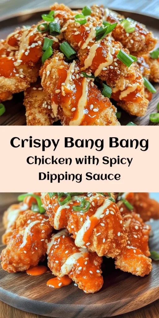 Indulge in the flavors of Crispy Bang Bang Chicken! This easy recipe features juicy chicken bites marinated in buttermilk and coated in a crunchy mix of flour and panko breadcrumbs. Perfectly fried to a golden crisp, they're delicious on their own or tossed in a zesty Bang Bang sauce made with mayonnaise, sweet chili sauce, and a kick of Sriracha. Ideal for dinner or a party appetizer, it's sure to impress. Give it a try and enjoy a taste sensation!