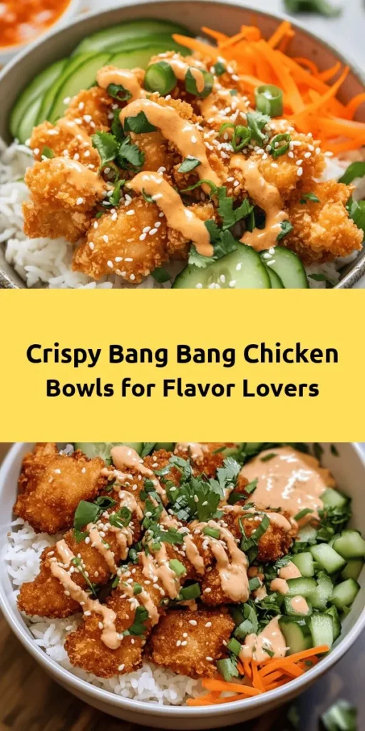 Discover a delicious way to enjoy dinner with these Bang Bang Chicken Bowls! This recipe features crispy, golden chicken pieces coated in panko breadcrumbs, served on a fluffy bed of jasmine rice and topped with fresh veggies like shredded carrots and sliced cucumbers. Drizzle with our zesty homemade Bang Bang sauce for a burst of flavor. Perfect for a weeknight meal or impressing guests, these bowls are sure to delight! Easy to prepare and ready in under an hour!