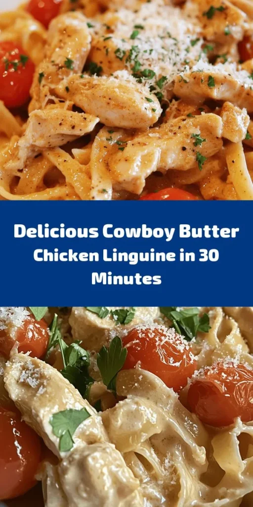 Whip up a delicious and easy Cowboy Butter Chicken Linguine in just 30 minutes! This hearty recipe combines tender chicken, garlic, and a creamy sauce, all tossed with linguine pasta and vibrant cherry tomatoes. Seasoned with smoked paprika and a hint of cayenne, it's a meal that's both comforting and full of flavor. Finished with fresh parsley and a sprinkle of Parmesan, this dish is perfect for any night of the week. Enjoy a taste of the Wild West tonight!