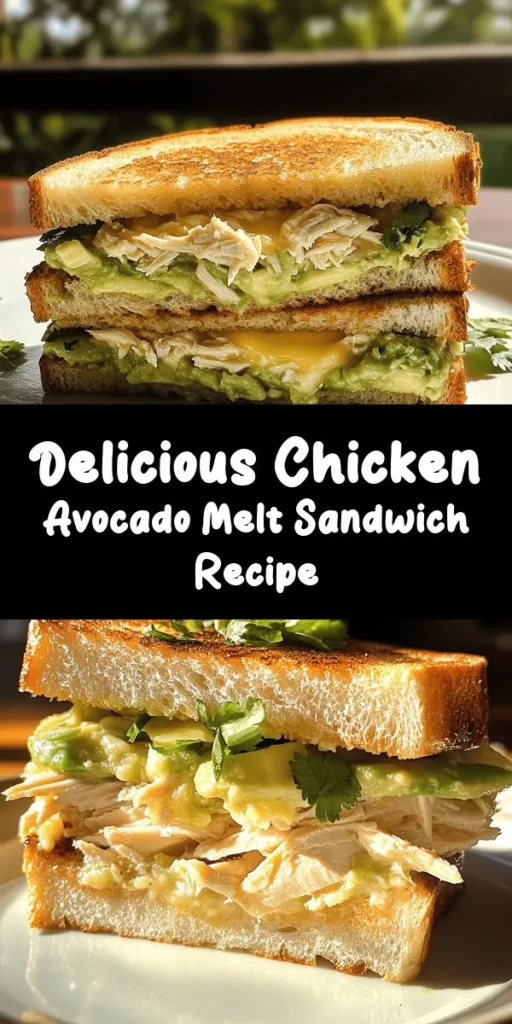Indulge in this delicious Chicken Avocado Melt Sandwich, the perfect blend of creamy avocado and tender chicken. With just a few ingredients, you’ll create a creamy mixture of avocado, Greek yogurt, and spices that pairs perfectly with shredded chicken and melted Monterey Jack cheese. Toasted on sourdough to golden perfection, this quick and satisfying sandwich is great for lunch or dinner. Enjoy this tasty recipe that’s easy to make and impossible to resist!